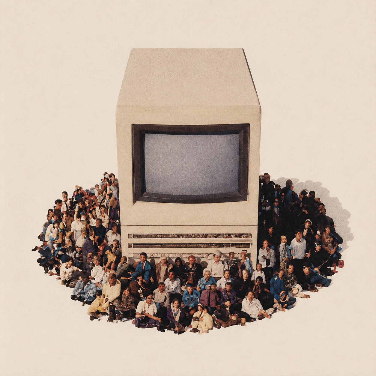 A crowd gathered around an oversized vintage computer, printed in warm paper tones