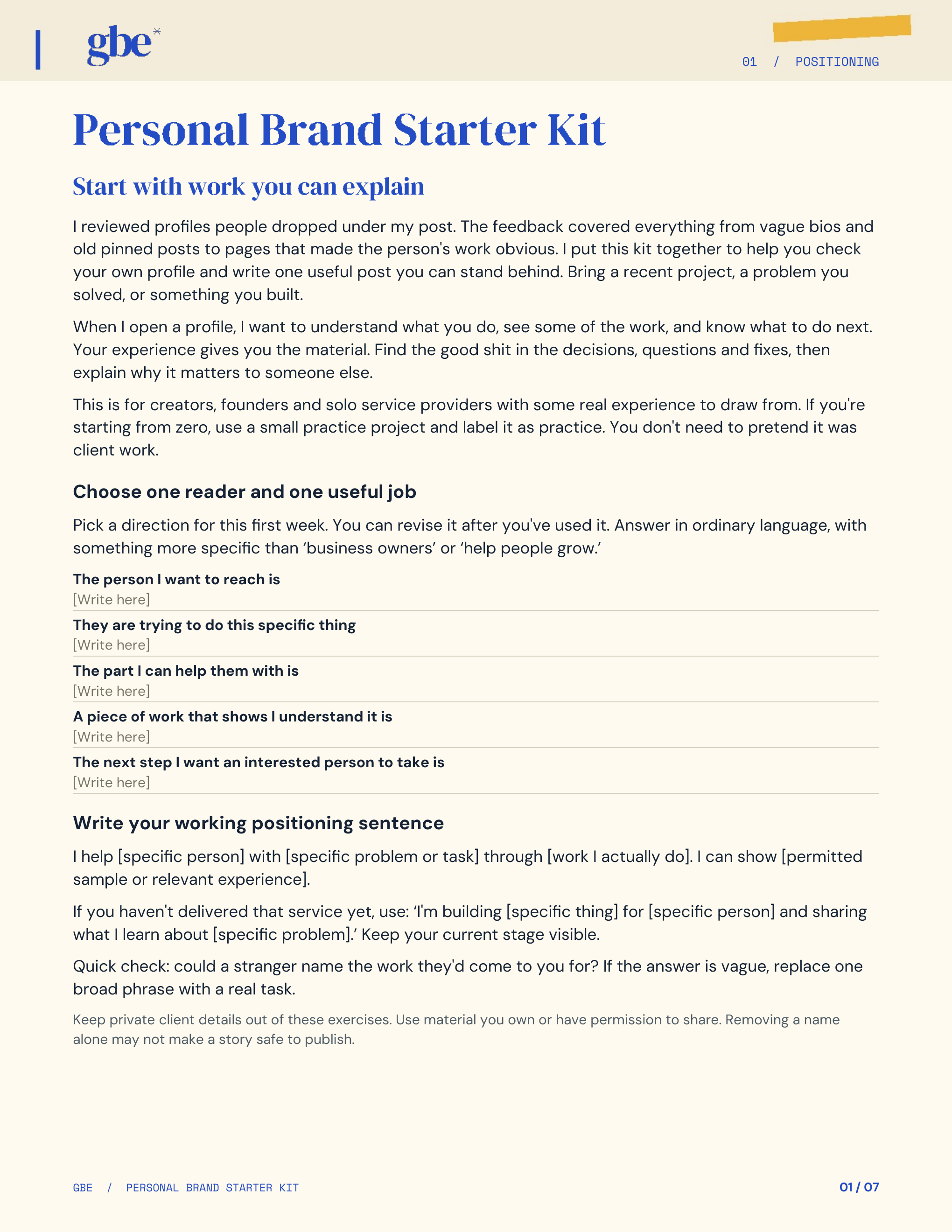 Page 1 of the GBE Personal Brand Starter Kit: start with work you can explain.