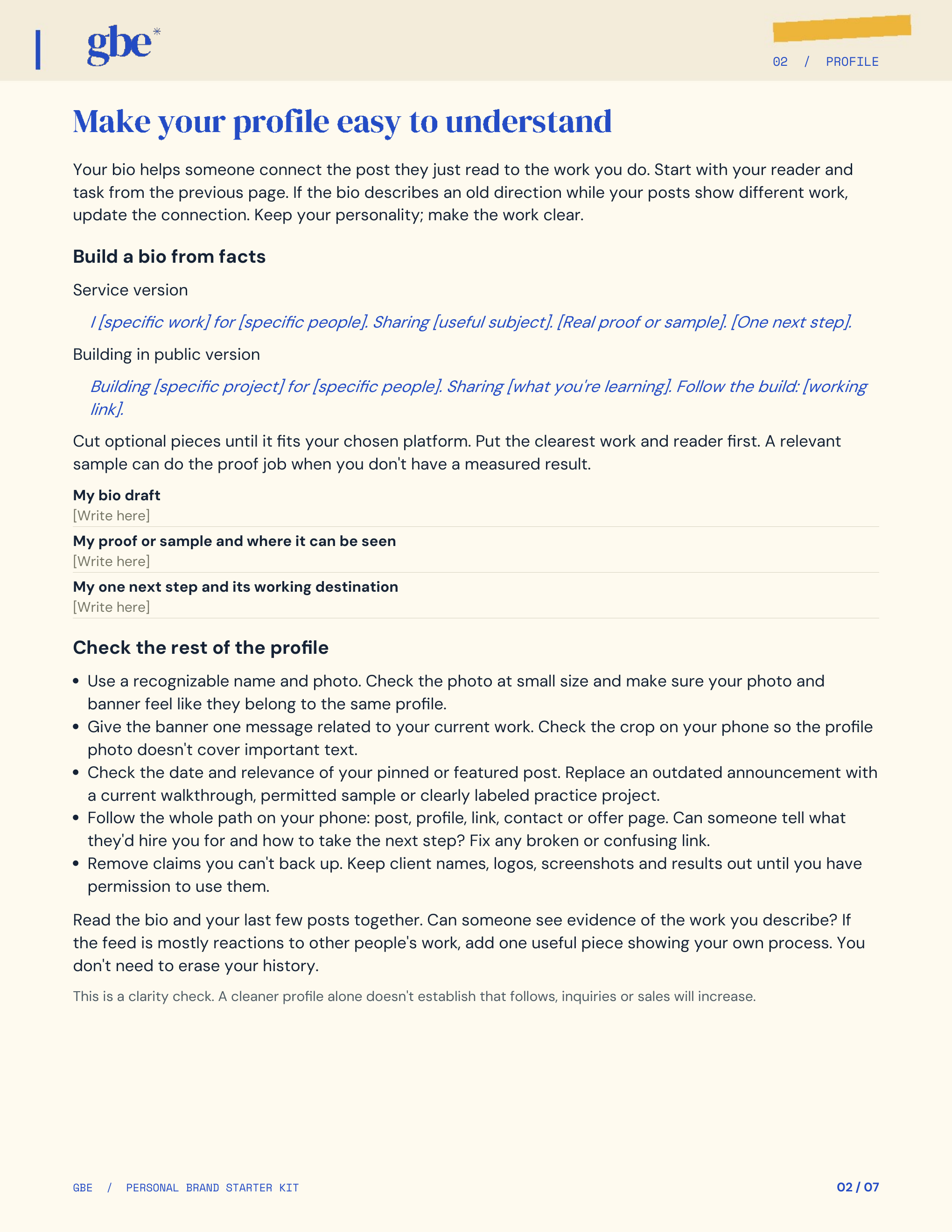 Page 2 of the GBE Personal Brand Starter Kit: make your profile easy to understand.